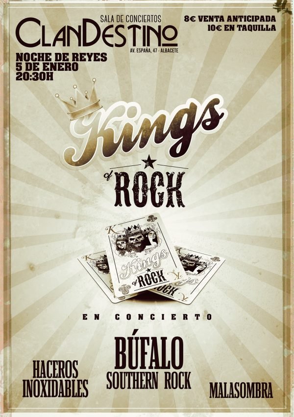 Kings of Rock - Noche de Reyes en Clandestino con Búfalo Southern Rock, Haceros Inoxidables y Malasombra
